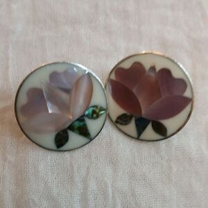 Vintage Alia Abalone & Mother Of Pearl Lotus Flower Post Earrings Mexico